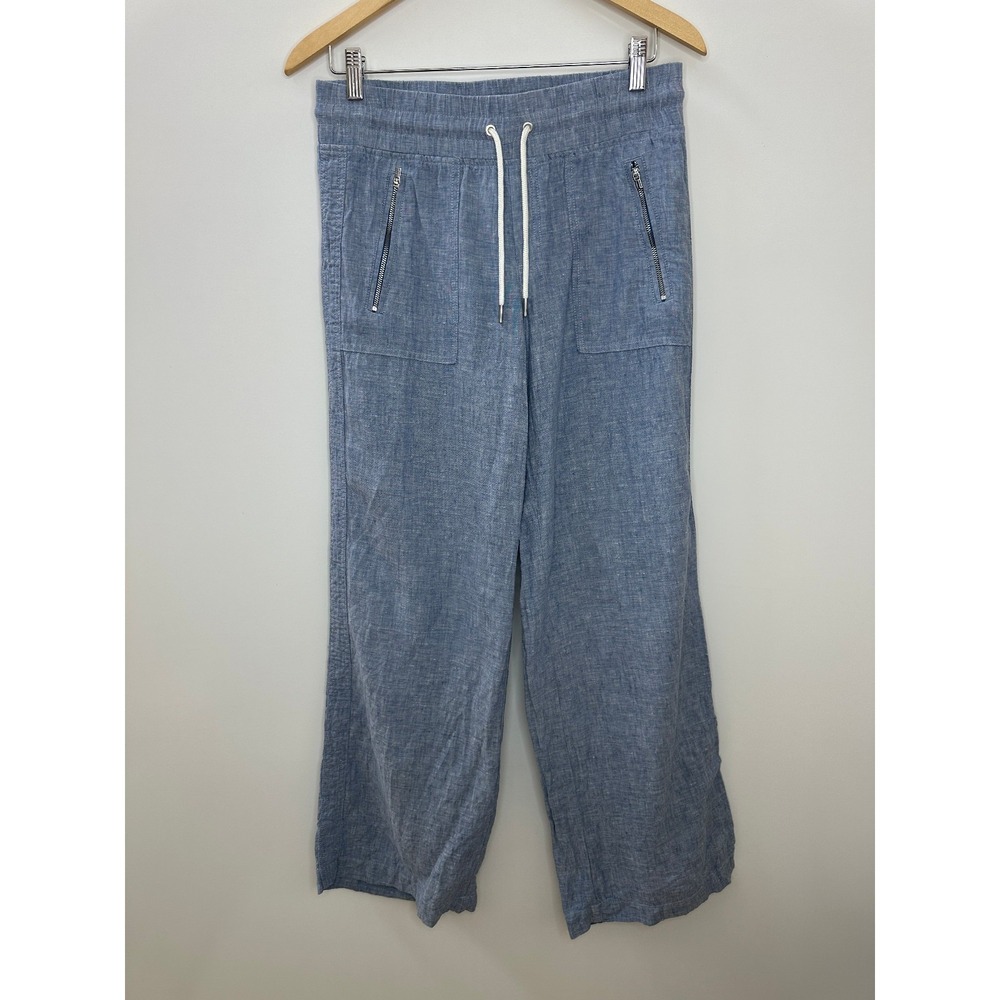 Athleta Cabo Linen Wide Leg Pants Chambray Blue Resort Beach Zip Pockets Size 4 - Picture 2 of 15